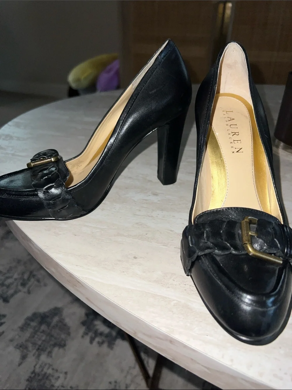 Lauren Ralph Lauren Black Leather Braided Buckle Pumps
